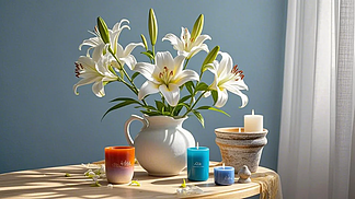花盆成片百合蠟燭陽(yáng)光灑落桌面陽(yáng)光廣角情人節(jié)花卉產(chǎn)品攝影圖
